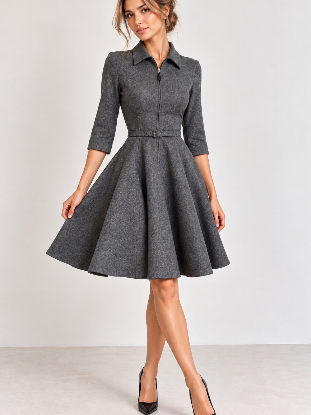 BaLa Gray Fit & Flare Belted Zip Front Dress 3/4 Sleeve